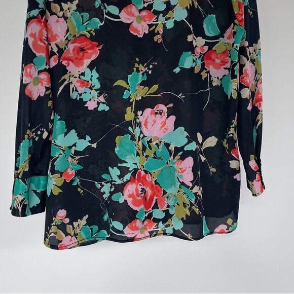 Vintage 1970's ROAMANS dark floral polyester dagger collar long sleeve blouse M - Picture 7 of 8